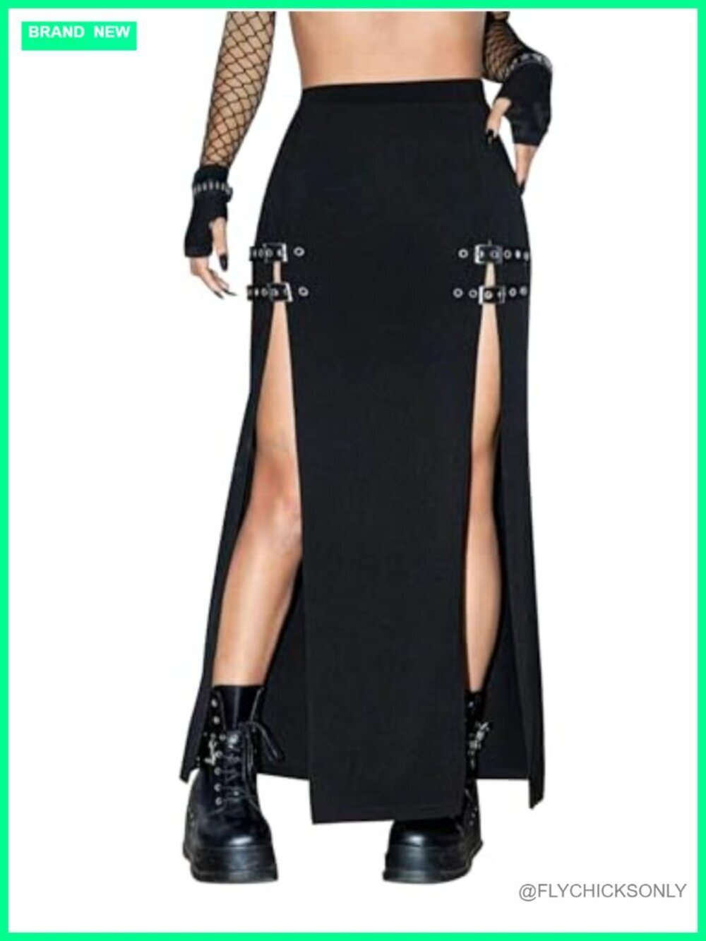 Gothic Punk Rave Maxi Skirt with Double Buckle Split High Waist Club Party